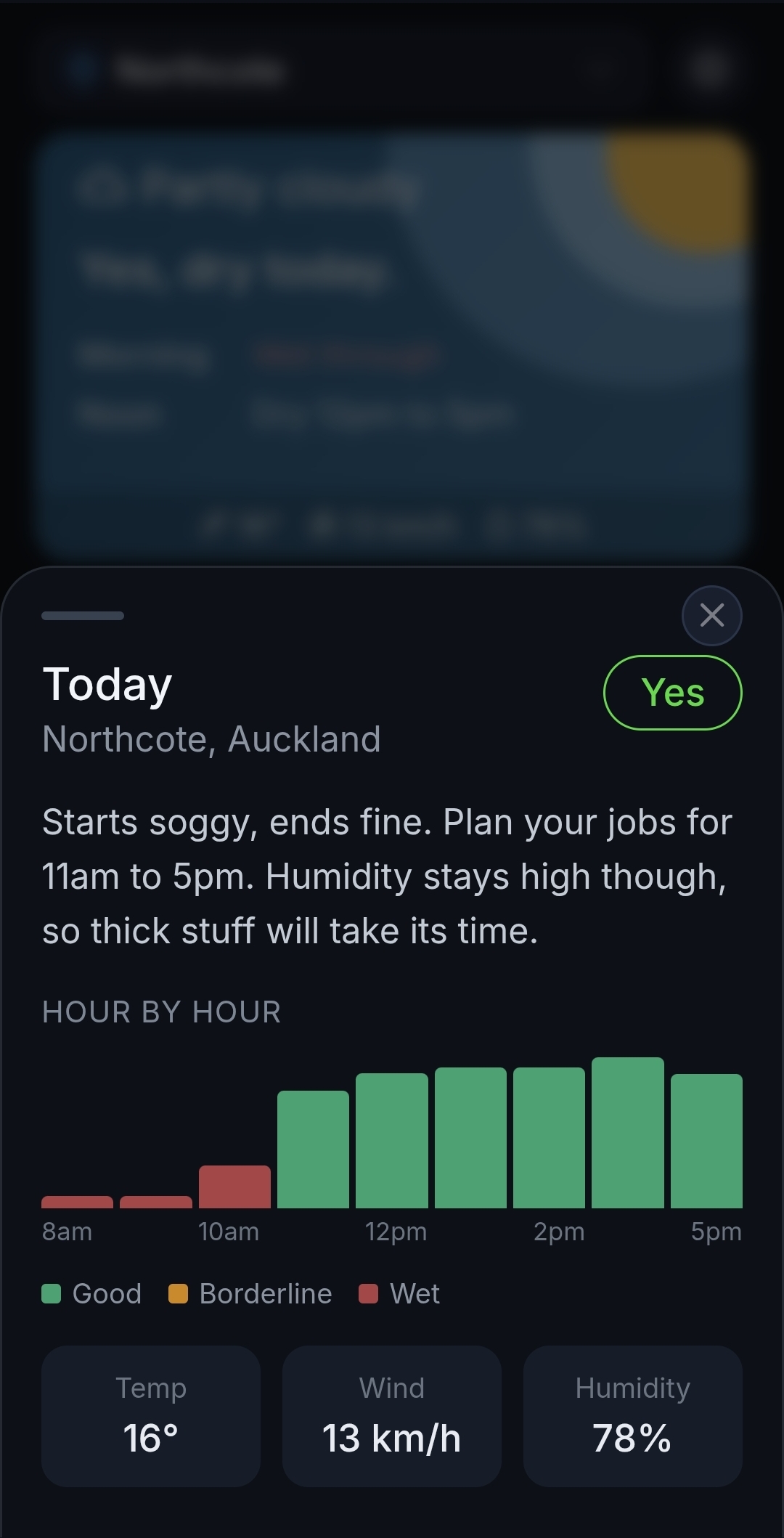 Fine Day on a phone: today's answer for Northcote, Auckland is Yes, with an hour-by-hour chart of wet morning and good afternoon hours
